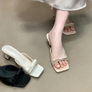 Open-Toe Satin Gentle Thick Heel Sandals 2025 Summer New French Bow Sandals