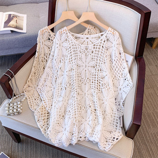 Solid Color One-Line Collar Knitwear for Women Spring and Summer Large Size New French Cut Out Design Loose Lazy Top Blouse