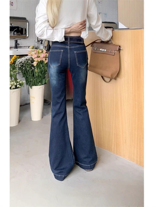 辣妹水洗微喇叭牛仔裤女深蓝色阔腿小个子高腰修身弹力显瘦马蹄裤|undefined
