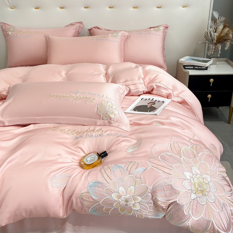 Embroidered Bedding Set Washed Tencel Summer Ice Silk Four Piece_voghion.com