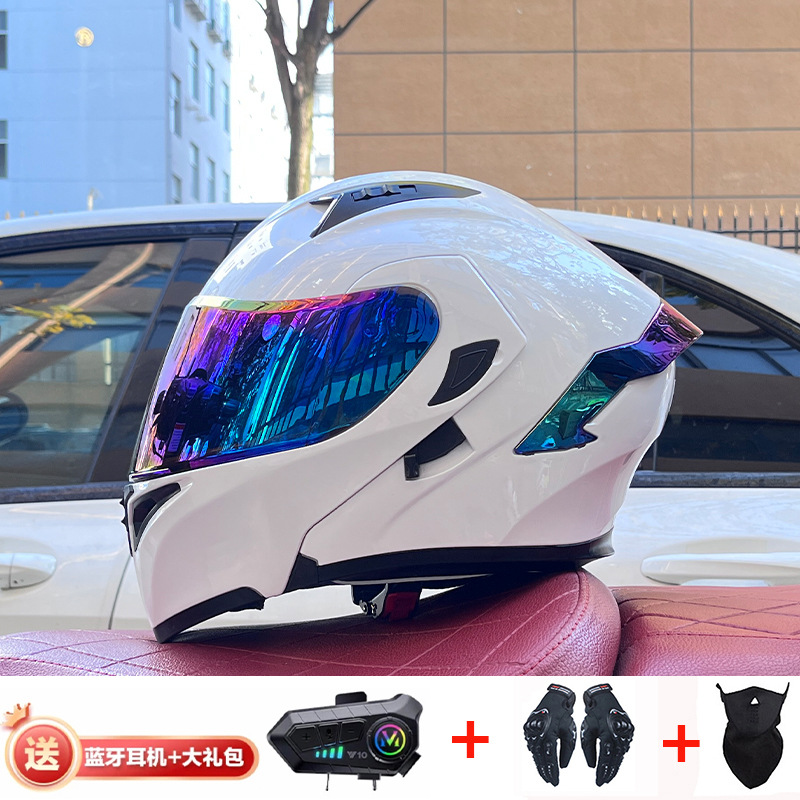 Casco de exposición Orz para hombres y mujeres invierno Doble espejo coche eléctrico semi-Casco completo cola de color coche deportivo ranura Bluetooth cuatro estaciones casco
