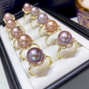 New Edison Natural Freshwater Pearl Ring 10mm Pink and Purple Large Round Beads Colorful Jewelry Women's 18K Gold Injection