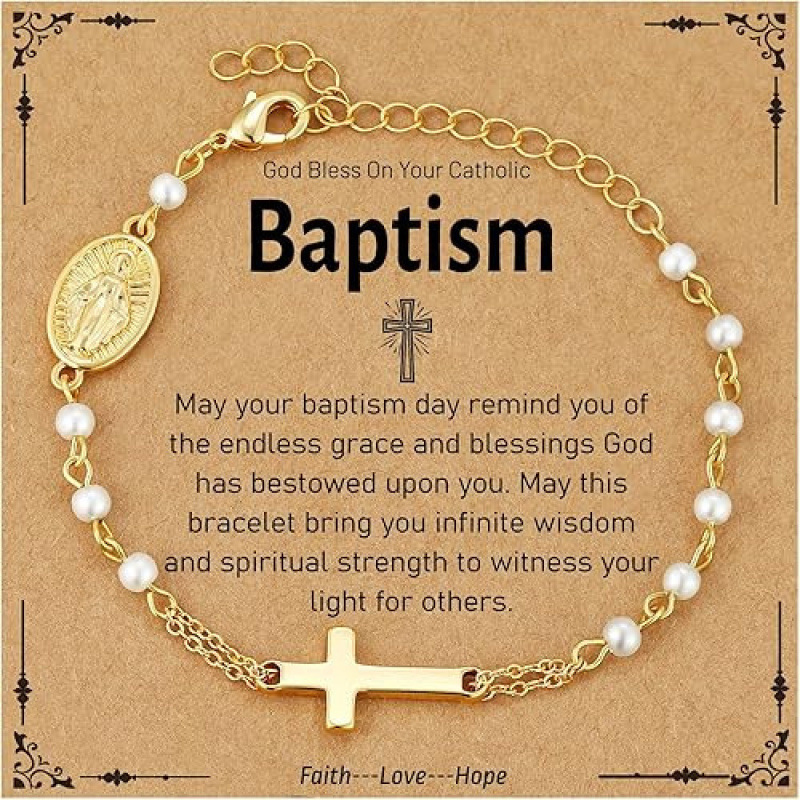 Faith Commemorative Bracelet with Portrait Relief Oval Pendant, Adjustable Chain Bracelet, White Pearl and Gold Cross Bracelet