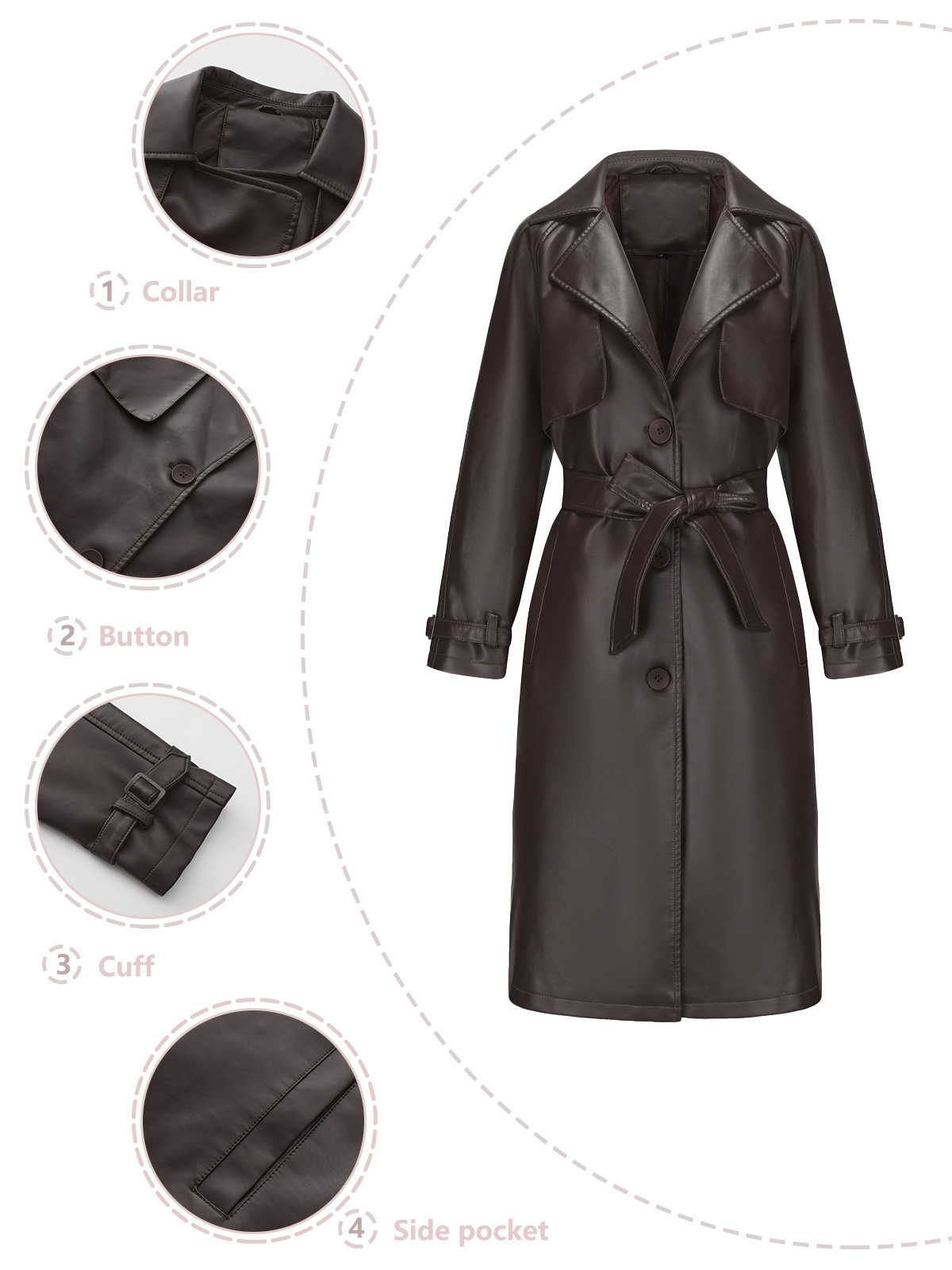 Women's Clothing 24 Spring and Autumn Women's Windbreaker Long Loose Jacket PU Leather Jacket Women's OVERSIZE Classic Lapel Jacket with Belt_voghion.com
