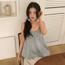韩国chic夏季法式V领纯色百搭双层裙式下摆背心吊带上衣＋发圈