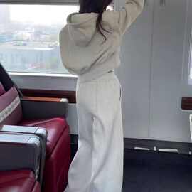 官图 廓形抽绳连帽卫衣拖地阔腿裤套装女春秋新款时尚两件套