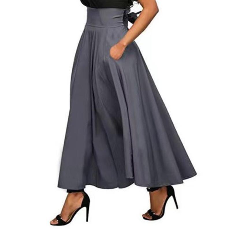 Women's Spring Midi Skirt Solid Color Lace Up Ankle Cinching A-Line Long Skirt European American Style Casual Polyester_ecoleips.com