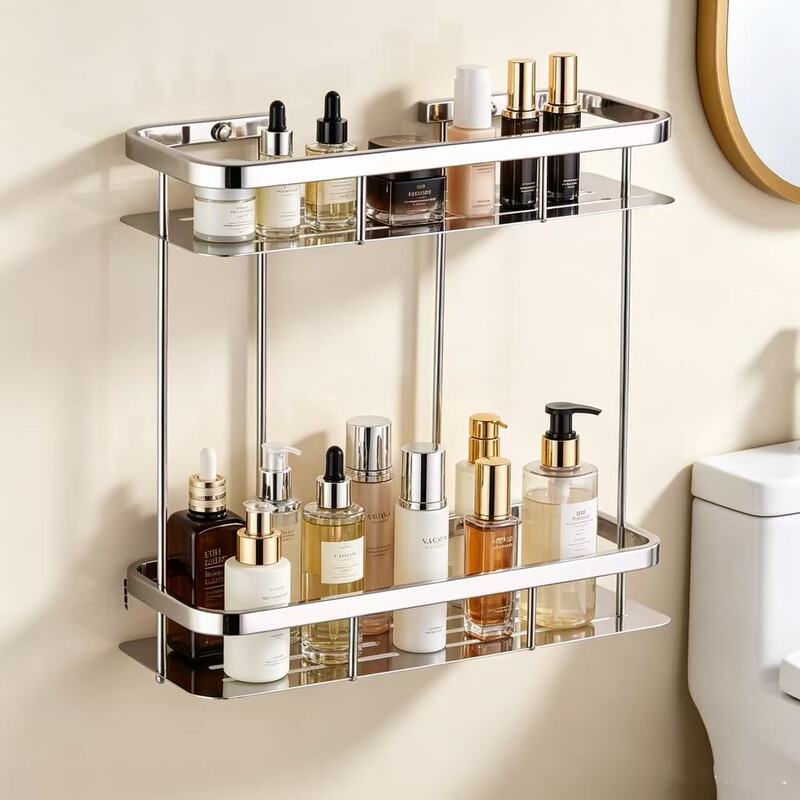 304 Stainless Steel Storage Rack for Home Bathroom, Multi-Layer Square Rack, Wall-Mounted Household Storage Rack, No Drilling Required, Waterproof