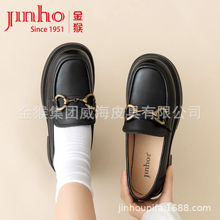 Golden Monkey Black Loafers Women's Spring Cowhide Soft-soled Single-layer Shoes Retro Thick Heel British Style Women's Small Leather Shoes Women's Shoes