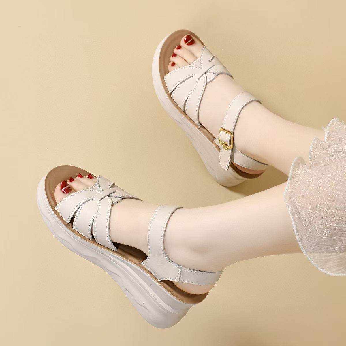Sandal nữ da thật đế xuồng tăng chiều cao mũi hở quai ngang — màu đen chi tiết 5