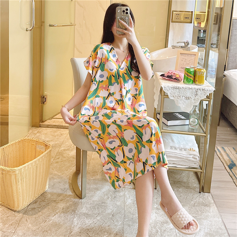 Camisón de seda de algodón para mujer verano nuevo Pijama estampado de dibujos animados de manga corta estilo coreano más tamaño ropa para el hogar suelta de seda de algodón delgada