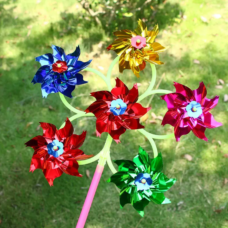 现货六朵花型儿童玩具批发风车地摊传统热卖亮片塑料户外小风车六