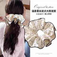 プリーツヘアゴム、フレンチ白黒水玉サテンレースヘアゴム、レトロで優しいスタイル、大きな高級ヘアアクセサリー