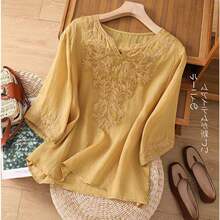 中年妈妈重工刺绣棉衬衫女2024夏季宽松大码遮肚显瘦套头衫棉上衣