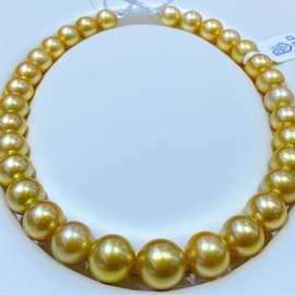 厂家批发12～15MM天然淡水珍珠浓茶金大项链正圆微瑕配证书礼盒