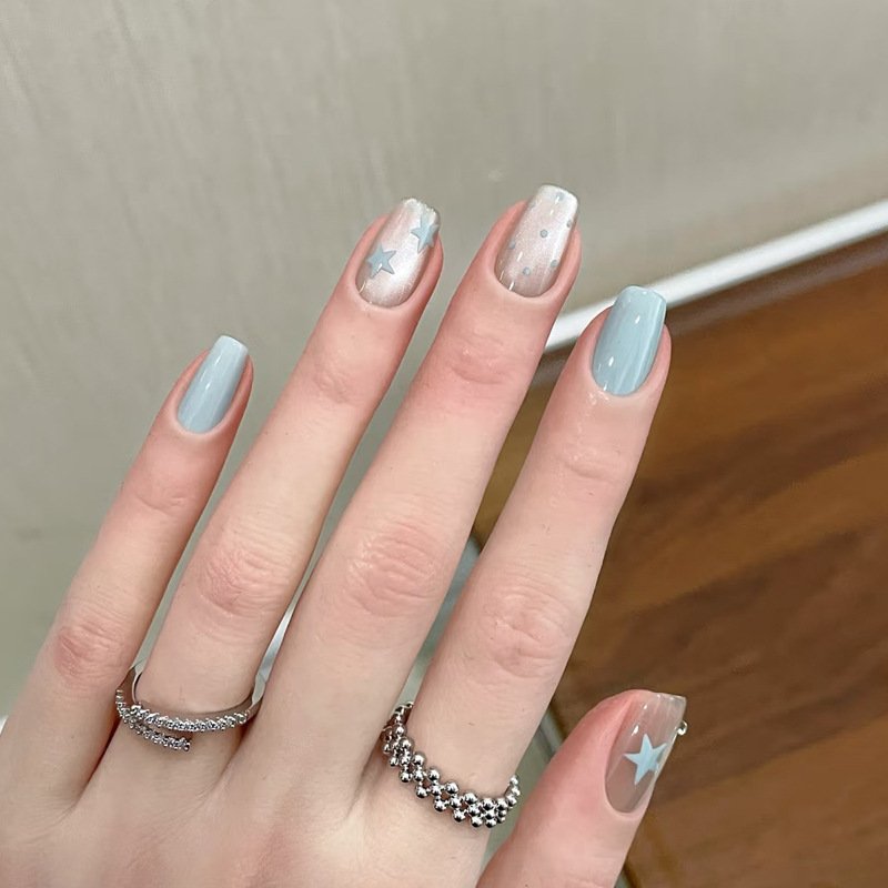 Cream Style Wearable Short Nails, Small Fresh French Cat Eye Contrasting Color Manicure, Cute Student Party Nails, Removable