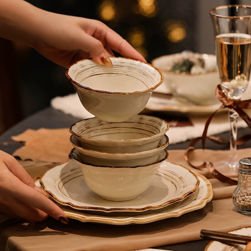 French-style vintage light luxury kiln-fired ceramic tableware set for home use, including bowls, plates, soup bowls, noodle bowls, dinner plates, and coffee cups