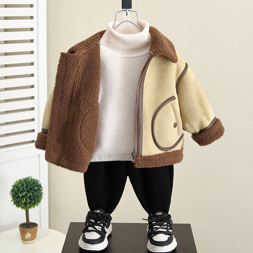 4592 Boys' Fleece Lined Coat Autumn/Winter  New Baby Winter Outfit Faux Fur Wool Coat Children's Wear