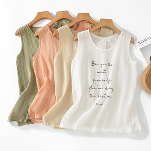 Real Shot of 2025 Summer Letter Vest Literary Cotton and Linen Loose Large Size Korean Style Sleeveless Round Neck Top T-Shirt for Women