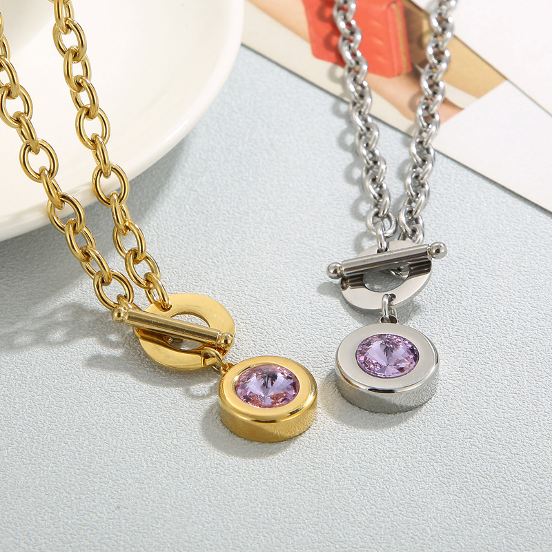 Artificial Gemstones Inlay Material Pendant Necklace Classification Fashion Round Titanium Steel Plating Inlay Artificial Gemstones Pendant Necklace 1 Piece