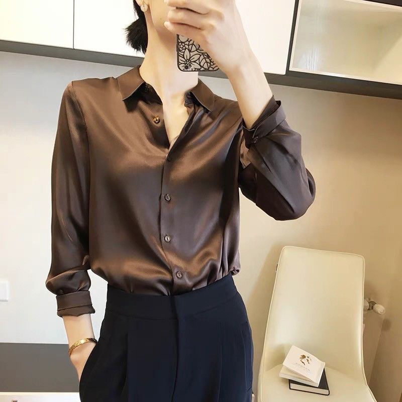 重磅缎面仿真丝衬衫女秋季新款外穿年高级感衬衣高端洋气上衣女|undefined