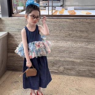 女童夏季背心裙2025新款兒童洋氣時髦寶寶無袖拼接蕾絲蓬蓬裙上衣