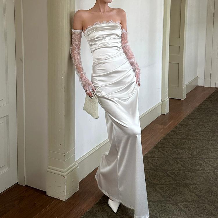 French-style satin evening dress, strapless white birthday engagement dress, light formal dress, graduation gown French-style satin evening dress, strapless white birthday engagement dress, light formal dress, graduation gown