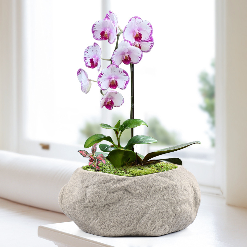 Macetas verdes para plantas de jardín con suelo perforado, macetas de imitación de piedra personalizadas, venta directa del fabricante, cerámica.