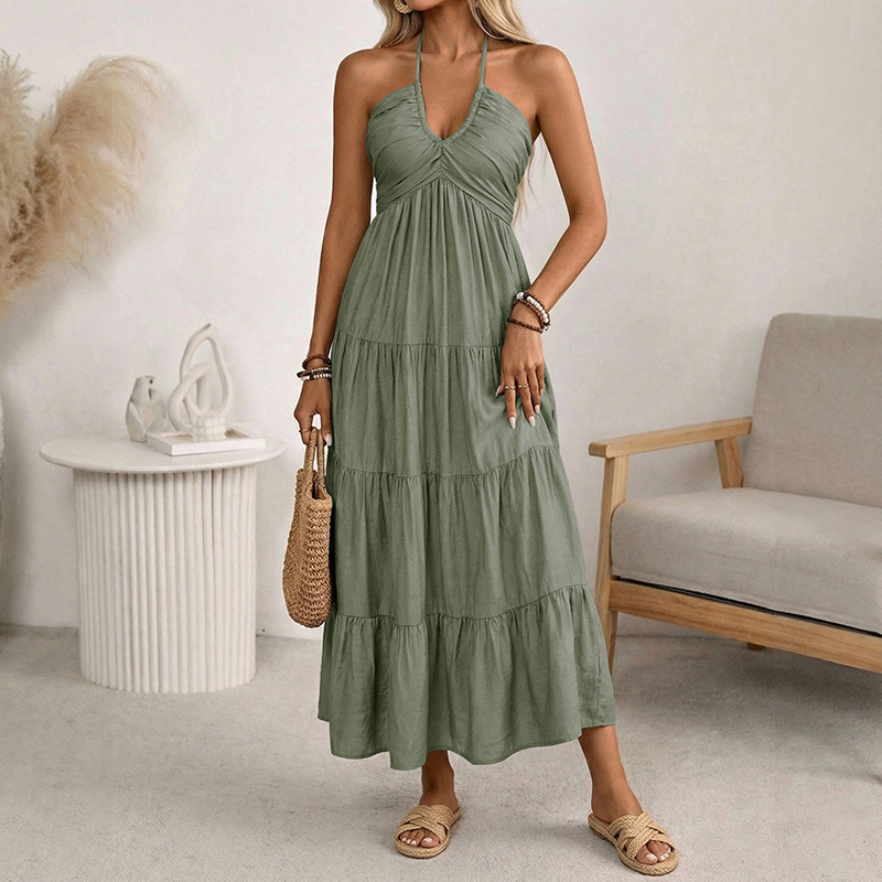 2026 Summer New European and American Cross-Border Beach Vacation Style Multi-Layered Cake Dress Halter Neck Solid Color Flared Dress