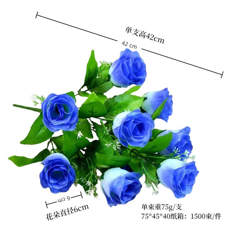 Pantalla de fotos Fabricante de flores de simulación al por mayor Flor de rosa de simulación Flor falsa Festival Arreglo floral de boda 10 Ramo de seda de rosa de pavo real