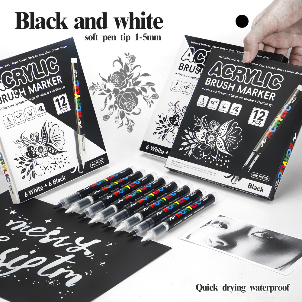 Cross-Border Direct Liquid DIY Children's Hand-Painted Graffiti Pens Black and White Acrylic Marker Pens Student Art Highlighter Pen Set