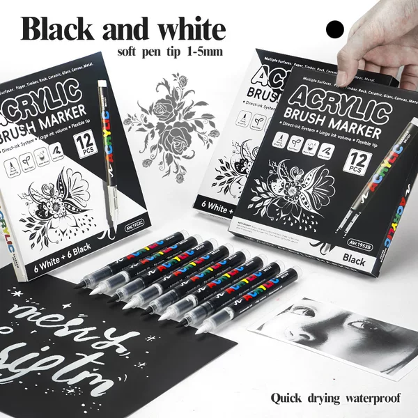 Cross-Border Direct Liquid DIY Children's Hand-Painted Graffiti Pens Black and White Acrylic Marker Pens Student Art Highlighter Pen Set