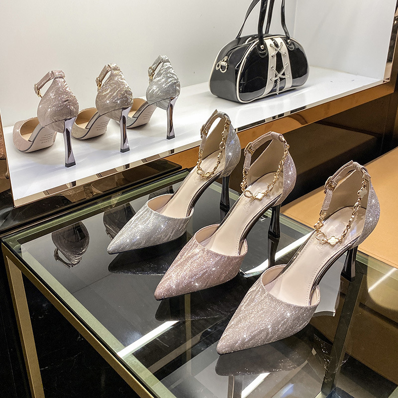 Four-leaf Clover Chain High Heels Sandals Stiletto Heel Sequins Bridesmaid Wedding Shoes Large Size 41-43 Wide Chubby Small Size Single-layer Shoes for Women