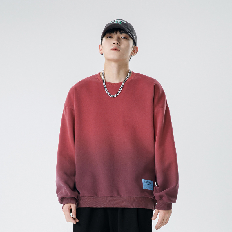 Yinghai Pengyun Japanese Style Men's Pure Color Round Neck Sweatshirt Men's Early Autumn Loose Trendy Brand Hanging Dyed Gradient Burgundy Sweatshirt