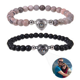 跨境定 制图片心形投影吊坠手链磨砂石粉斑马石照片文字定 制手链