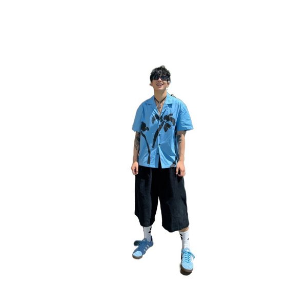 Wenli 2024 Niche All-match Cuban Collar Printed Vacation Style Shirt Men's Short-sleeved Summer Blue Casual Loose Outer
