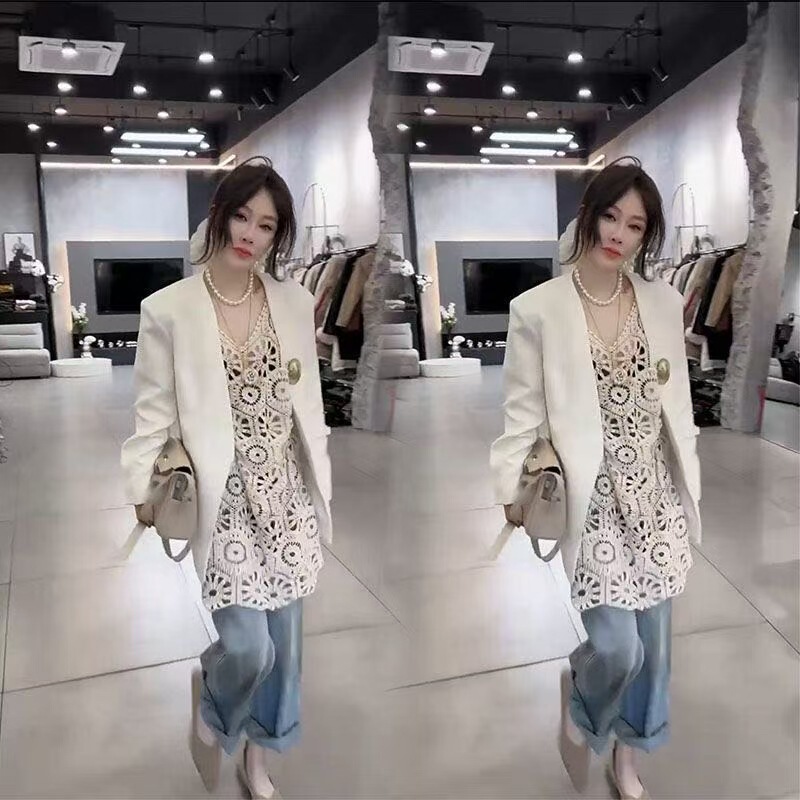 Trendy Spring New Fashion Set Casual Elegant Slimming V-Neck Blazer + Camisole Skirt + High-Waisted Jeans