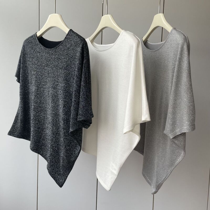 Different Beauty, Asymmetrical Hem! 75 Cotton Dark Shiny Silk Round Neck Light Loose Slimming Look Short-Sleeved T-Shirt for Women
