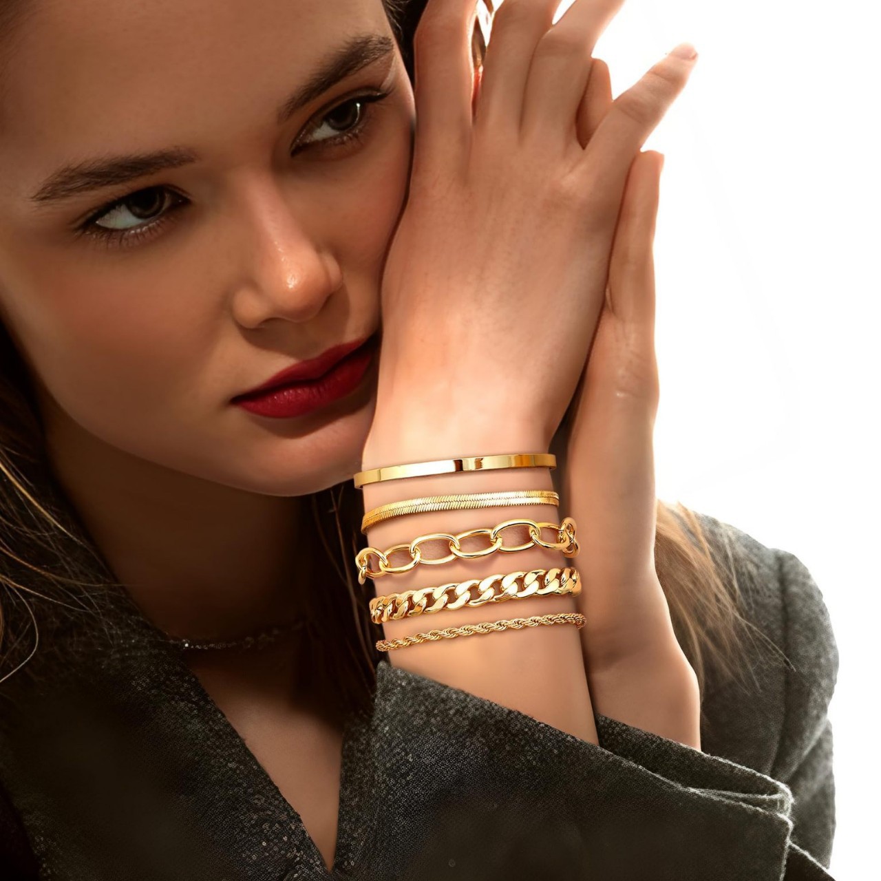 New Fashion Brass Gold Plated Bracelet Cross-border Hot-selling Simple All-match Bracelet Bracelet Five-piece Set