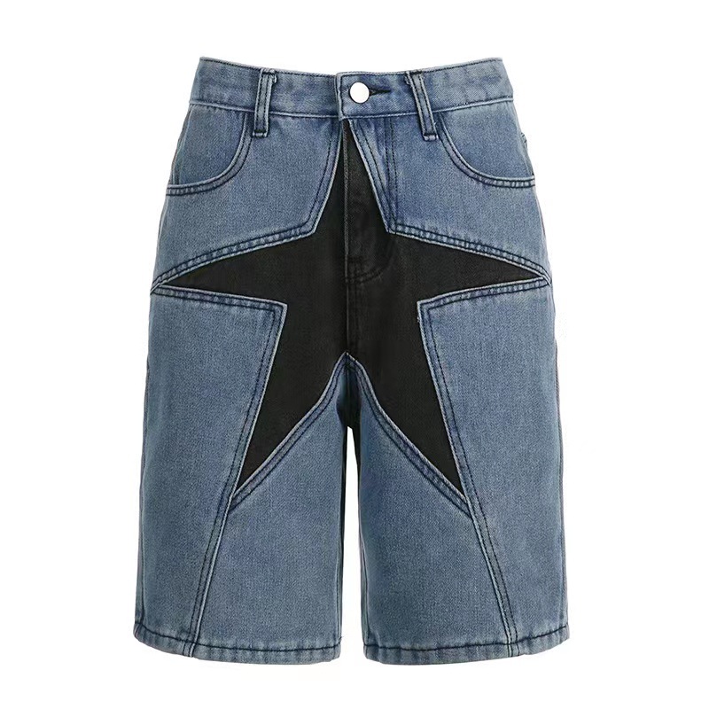 Pantaloncini da donna di tendenza street pantaloni larghi in denim con stella a cinque punte a contrasto_voghion.com