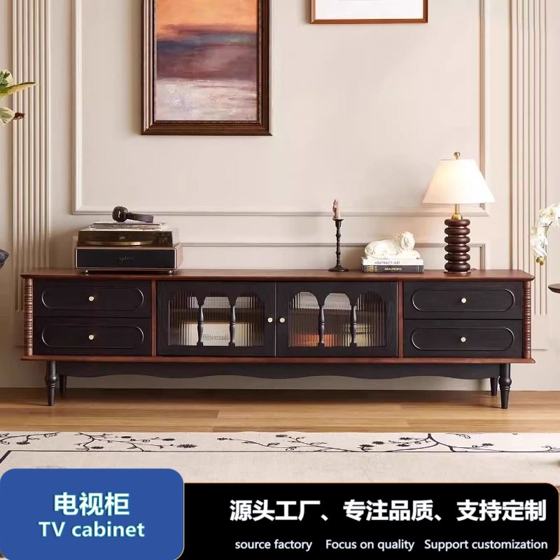 Living Room Home Floor-Standing Northen Tv Cabinet French Retro Style Solid Wood Black Wall-Mounted Integrated Storage Cabinet