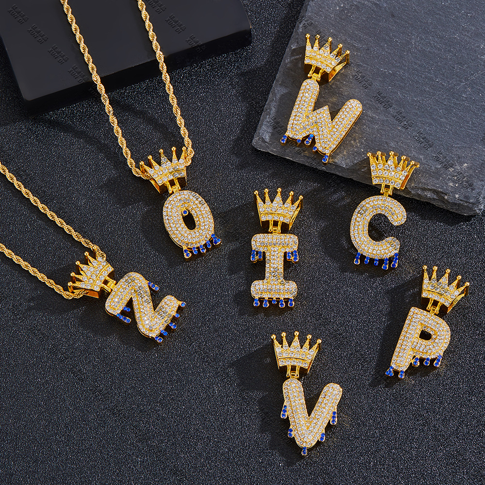 Crown Droplet Initial Pendant Necklace For Women And Men Fine Jewelry_voghion.com