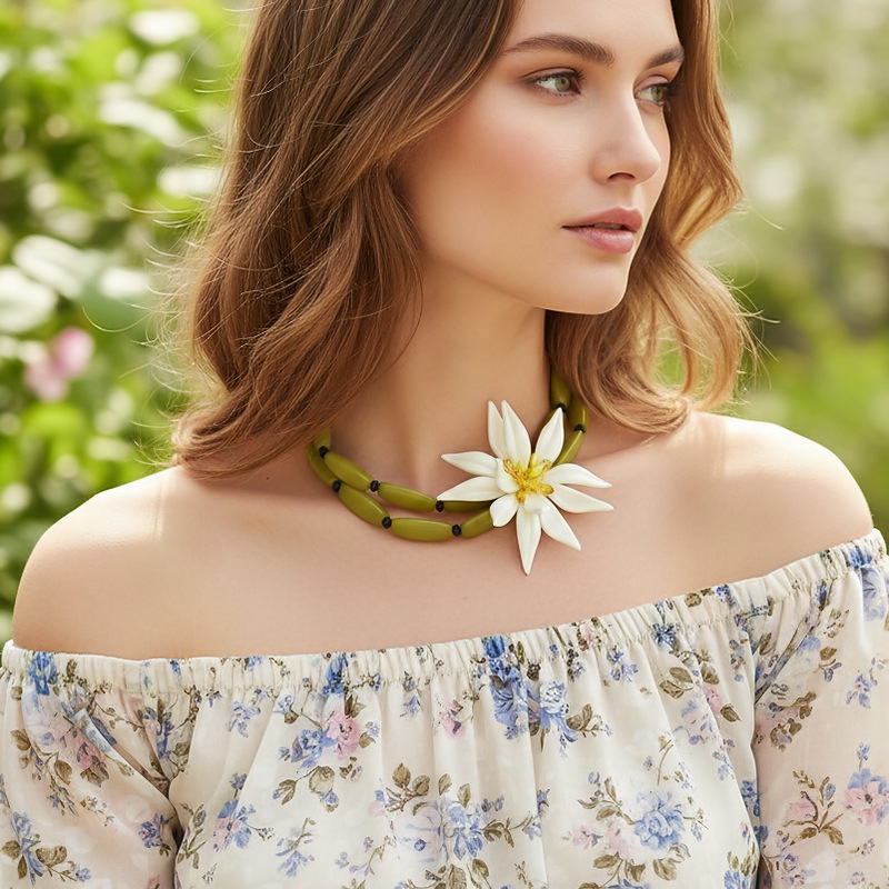 ZA Fresh Resort Style Perlenbesetztes dreidimensionales großes Blumen-Schlüsselbein-Accessoire aus europäischem und amerikanischem Kunstharz, handgefertigt_voghion.com