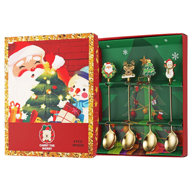 クロスボーダー新しいクリエイティブクリスマススプーン 304 ステンレス鋼クリスマス食器漫画クリスマスギフトボックスセットスプーンとフォーク|undefined