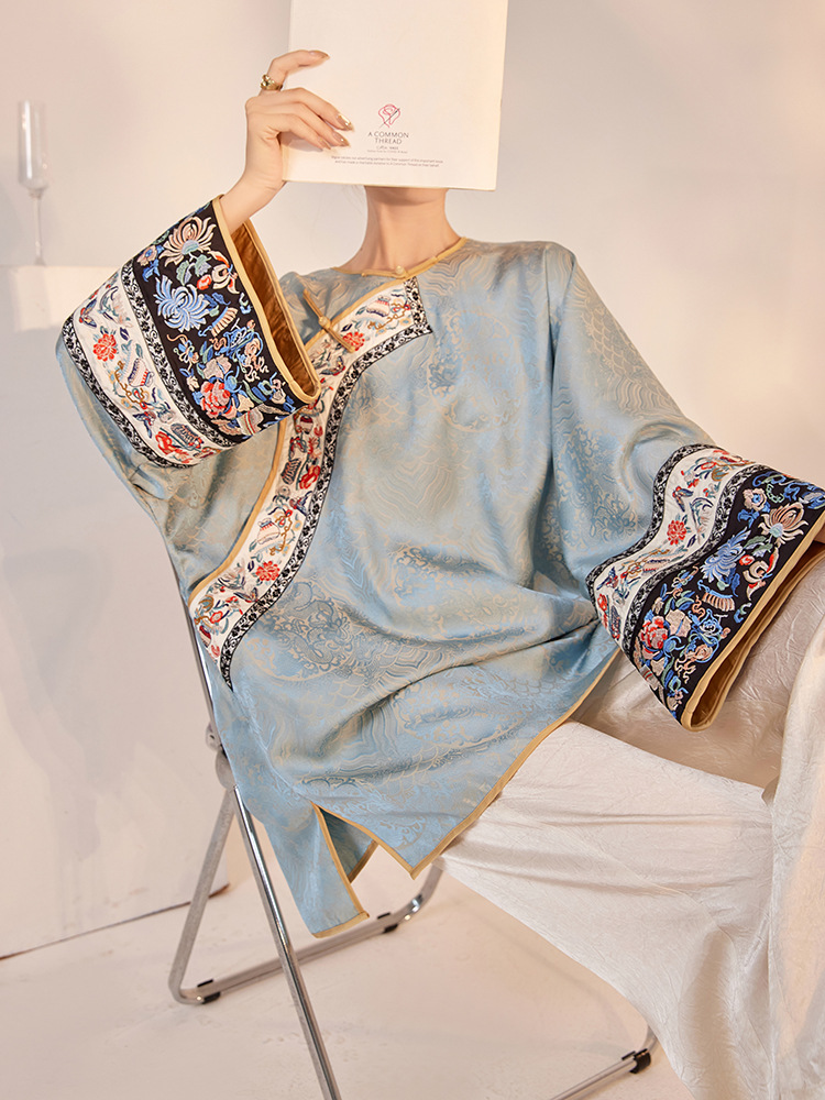 Áo khoác blazer nữ kiểu Trung Quốc cao cấp chất lụa jacquard tay dài mùa thu — Màu xanh lam nhạt