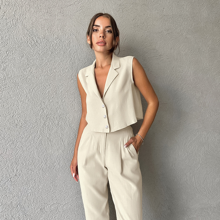 Ropa de mujer Traje casual de moda de verano de algodón y lino de color puro chaleco suelto sexy sin mangas pantalones versátiles traje simple de dos piezas_voghion.com