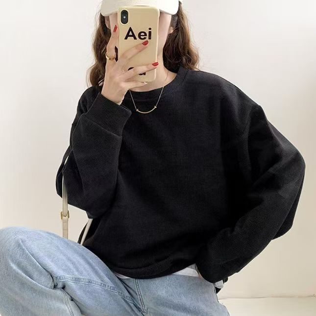 华夫格圆领卫衣女2025秋冬新款韩版宽松时尚百搭长袖T恤女装外套|undefined