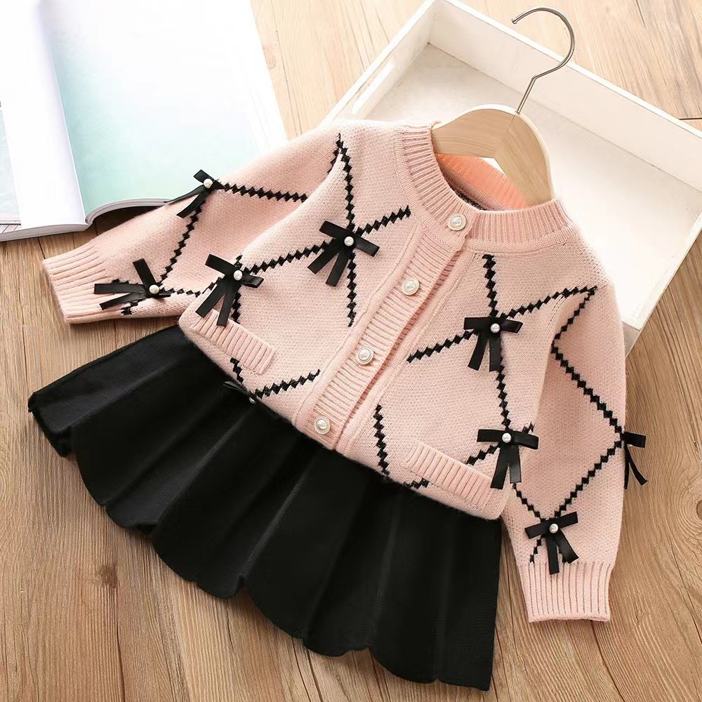 Pigers sweaterkjolesæt til børn, strikket todelt plisseret nederdel, overfrakke til babypiger_voghion.com