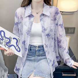雪纺印花防晒衬衫女夏季新款设计感宽松减龄洋气百搭长袖衬衣外穿