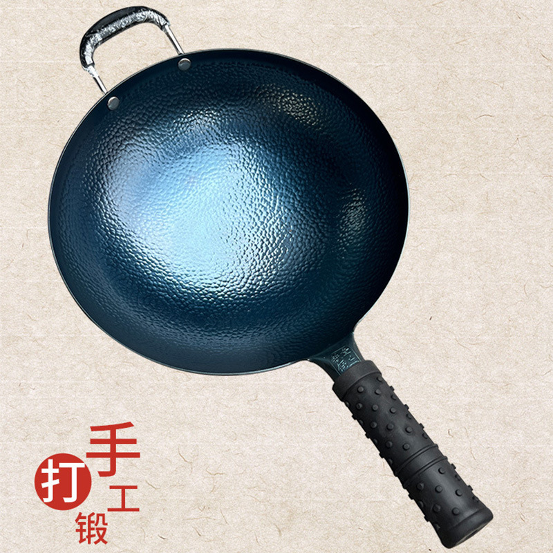 Wok de hierro fundido Zhangqiu para cocinar, sin recubrimiento antiadherente, hecho a mano estilo antiguo, integrado para cocina occidental, con mango de madera, para uso doméstico, venta al por mayor